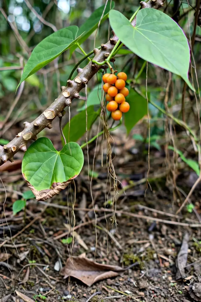 Brotowali vine showing warty stem, heart-shaped leaves, and orange drupes