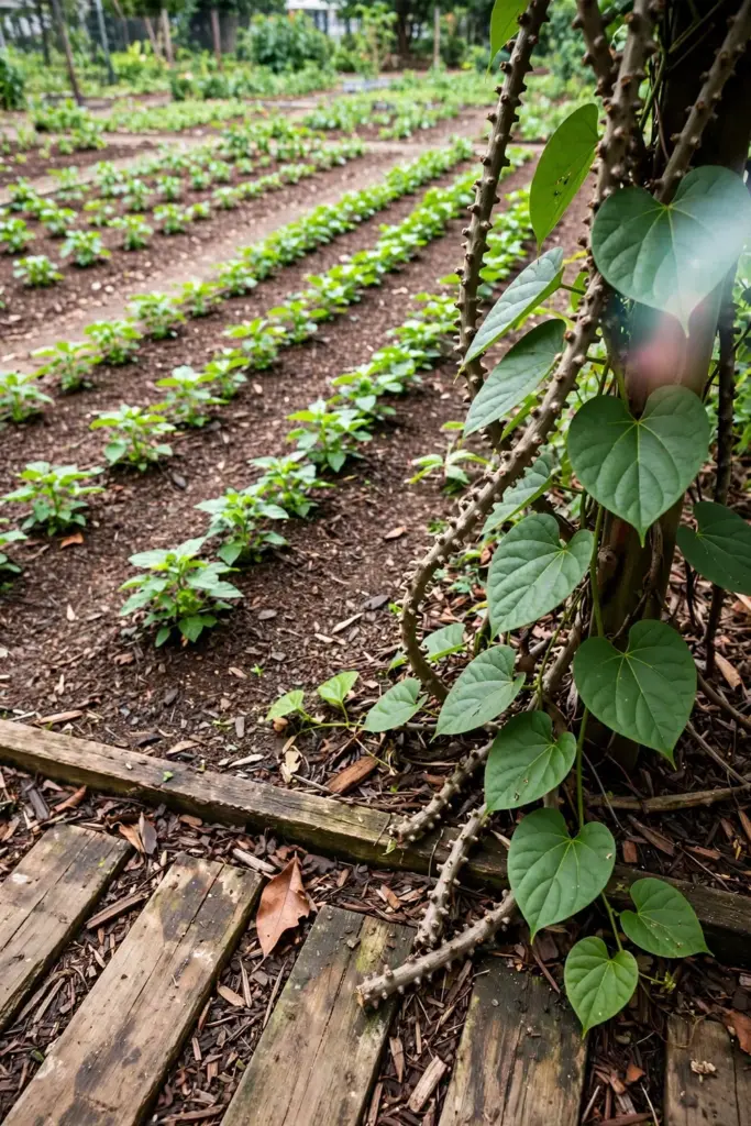 Lone brotowali vine standing at the edge of a mulched garden bed