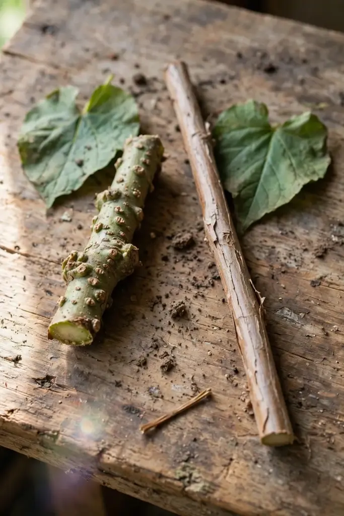Warty brotowali stem beside a smooth giloy stem on a timber board