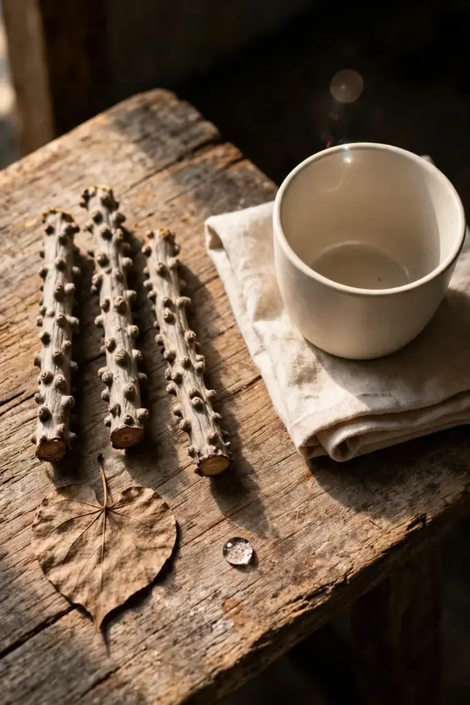 Dried brotowali stem pieces with a plain cup and cloth on a timber board