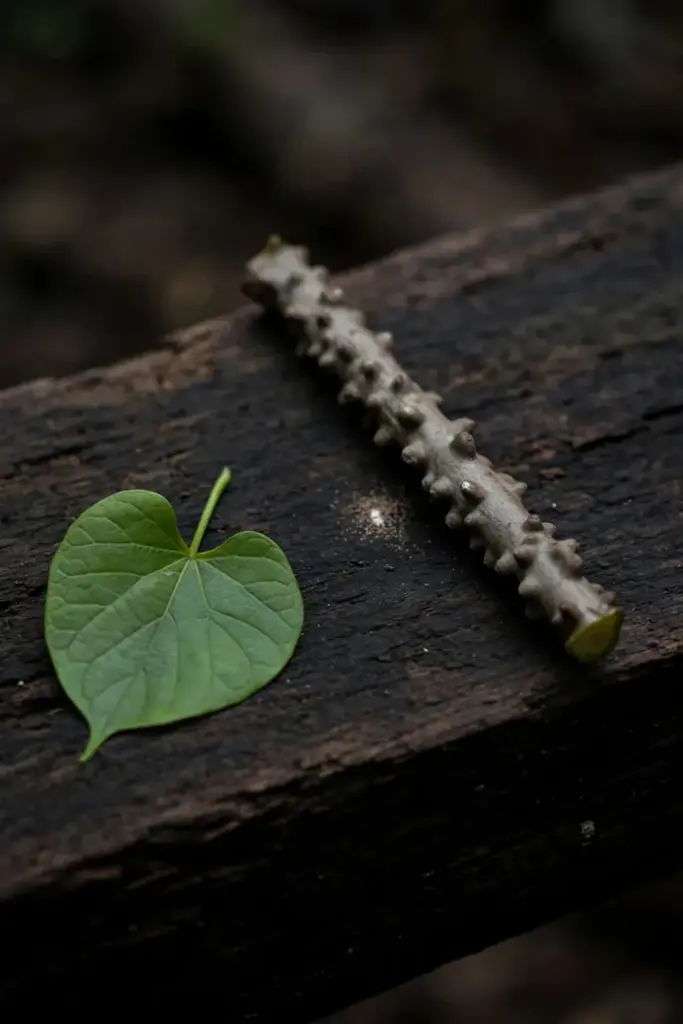 Single warty brotowali stem piece on a dark timber board