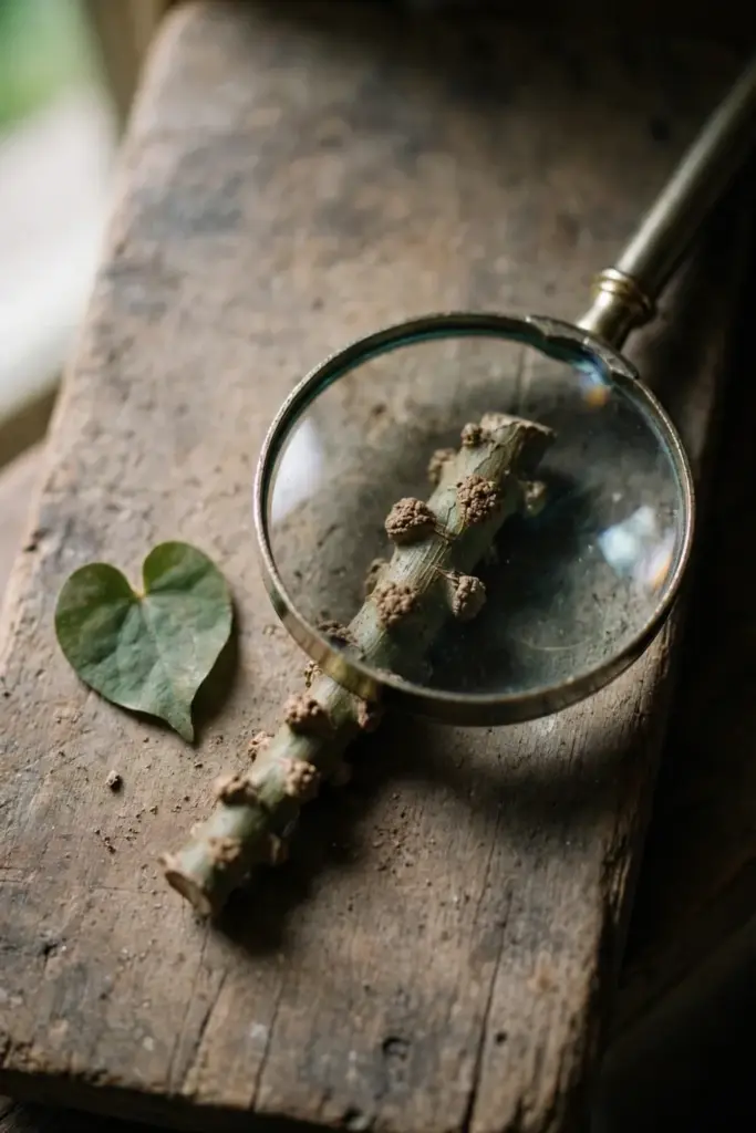 Magnifying glass over a warty brotowali stem piece on a timber board
