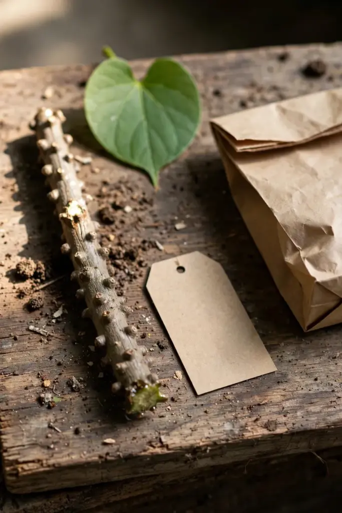Warty brotowali stem piece beside a blank paper tag and paper bag