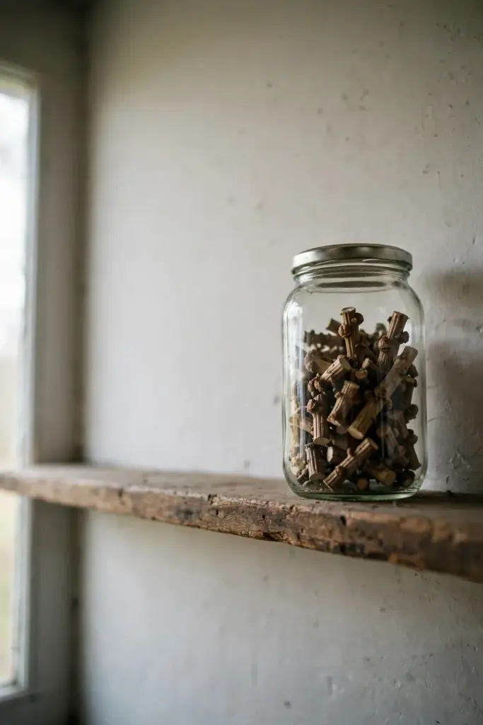 Sealed glass jar of dried brotowali stem pieces on a high shelf