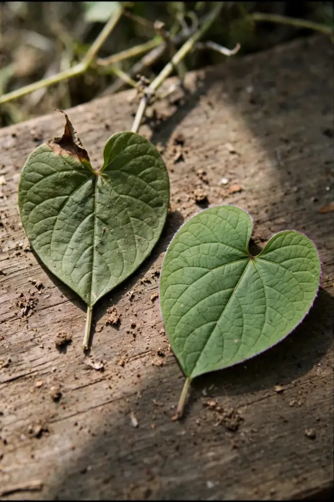 Two nearly identical heart-shaped Tinospora leaves side by side