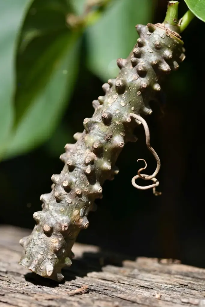 Brotowali stem in macro showing blunt tubercles and raised lenticels
