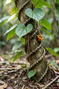 Brotowali vine with warty stem and heart-shaped leaves climbing a host tree
