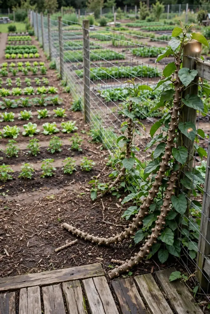 Brotowali vine climbing a wire fence at a garden edge