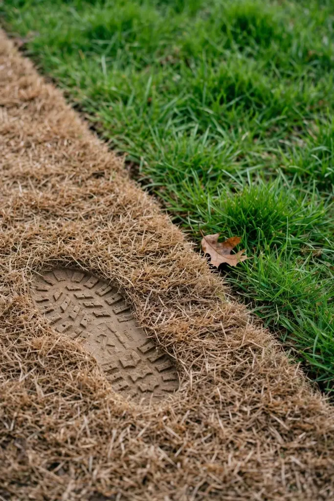 Brown dormant patch of lawn beside a green growing patch showing the contrast