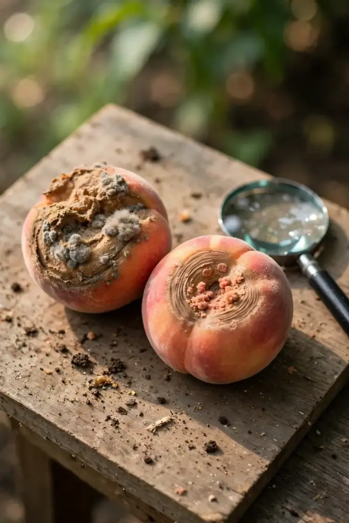 Two peaches compared, one with soft brown rot and one with a sunken ringed lesion.
