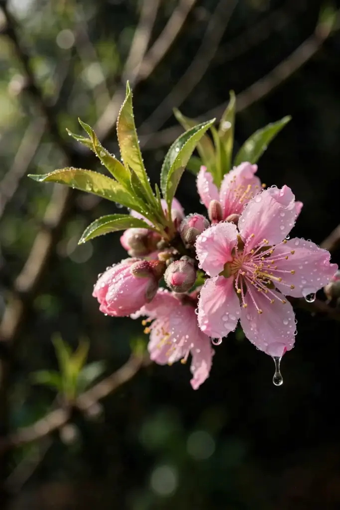 Peach blossoms beaded with fine spray droplets after a preventive bloom spray.