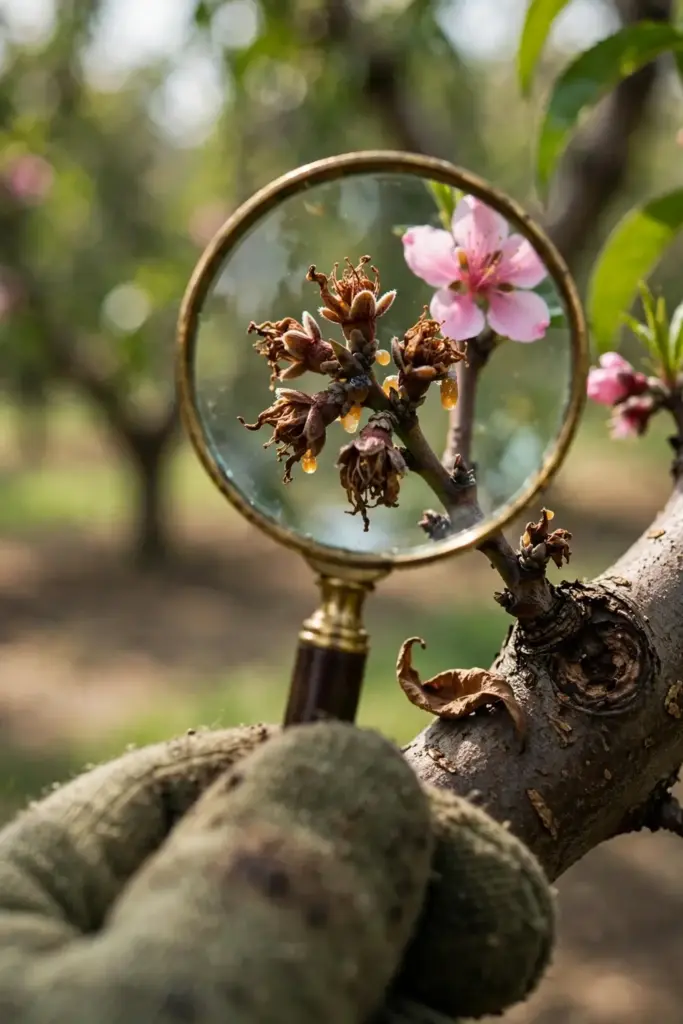 Magnifying glass over a brown-rotted blossom spur with gum on the twig.
