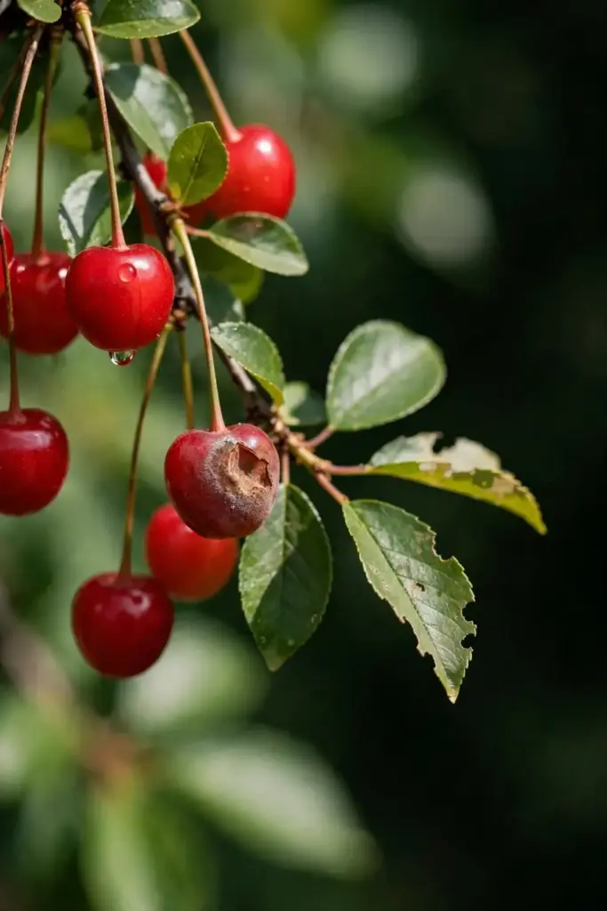 Ripe cherry with a bird peck wound starting to rot at the break in the skin.