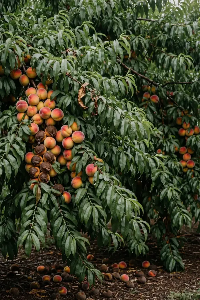 Dense unpruned stone fruit canopy with crowded fruit clusters in damp shade.