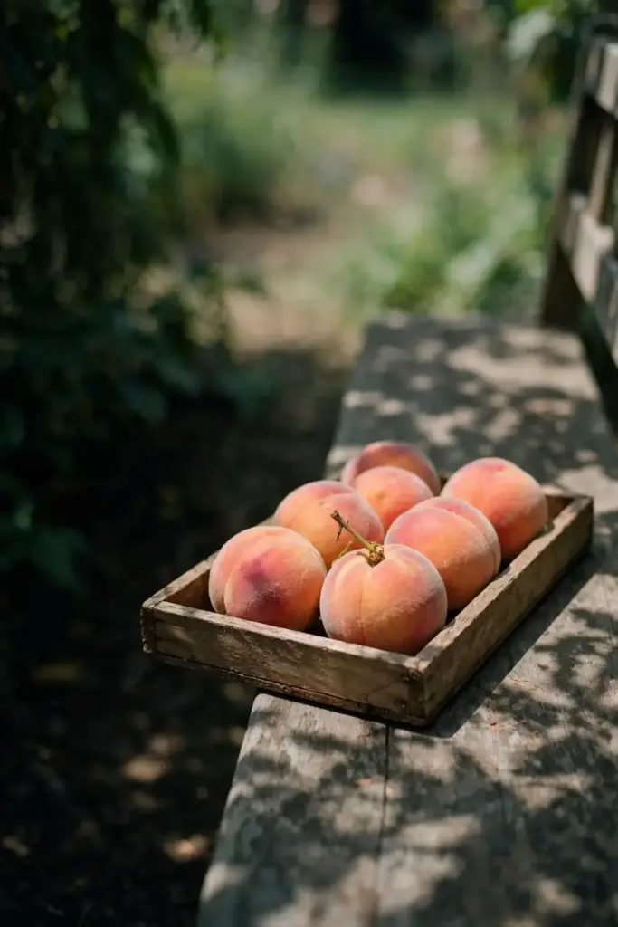 Shallow tray of freshly picked peaches in a single layer in garden shade.