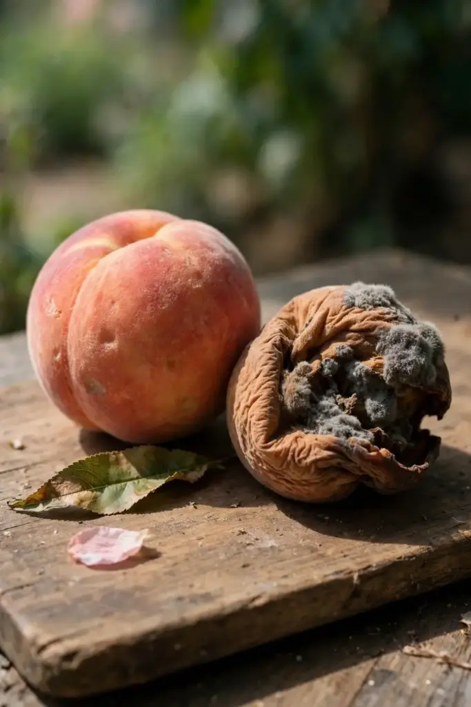Sound peach beside a brown-rotted peach for disease comparison.