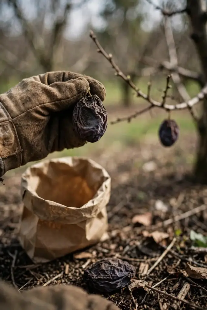 Worn garden mitt holding a dried plum mummy over a paper bag for disposal.