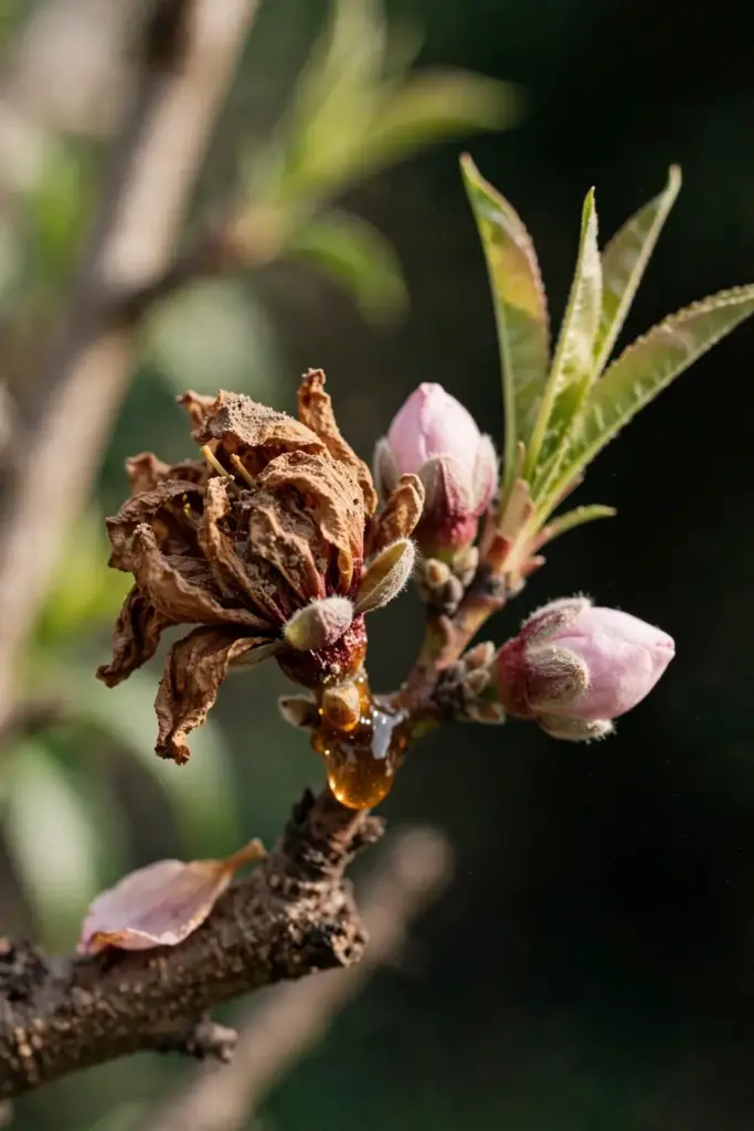 Peach blossom wilted brown from brown rot with a sticky gum droplet at its base.