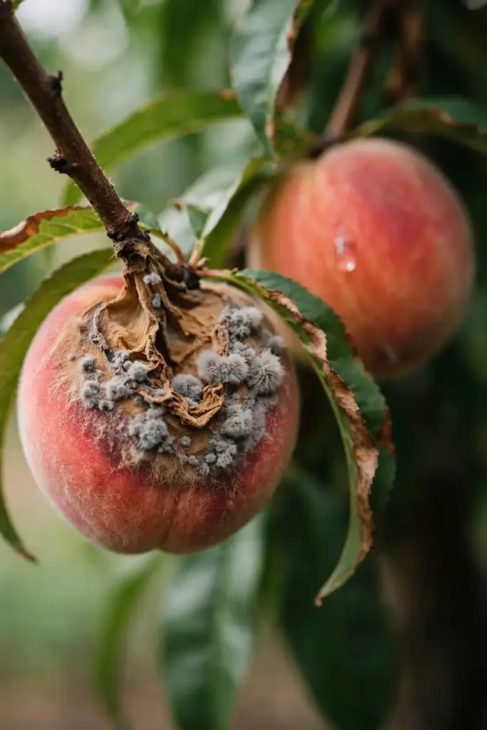 Ripe peach with a spreading brown rot spot and powdery gray spore tufts.