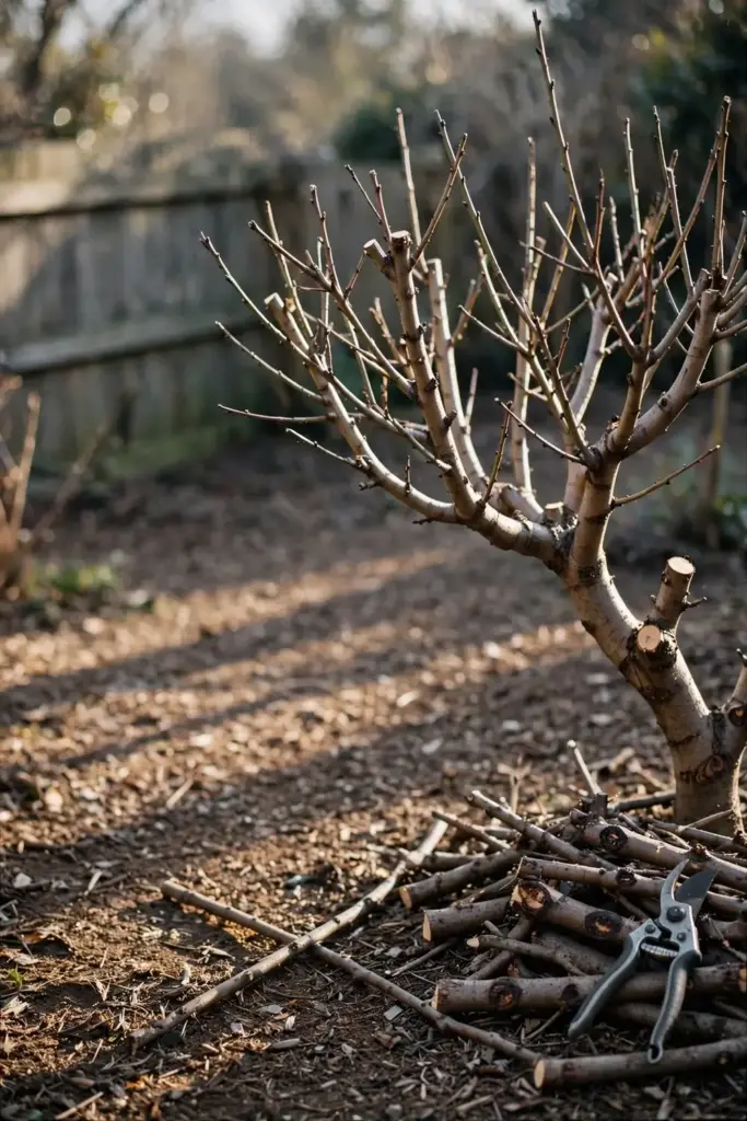 Freshly pruned peach tree with an open center and a pile of cut twigs below.