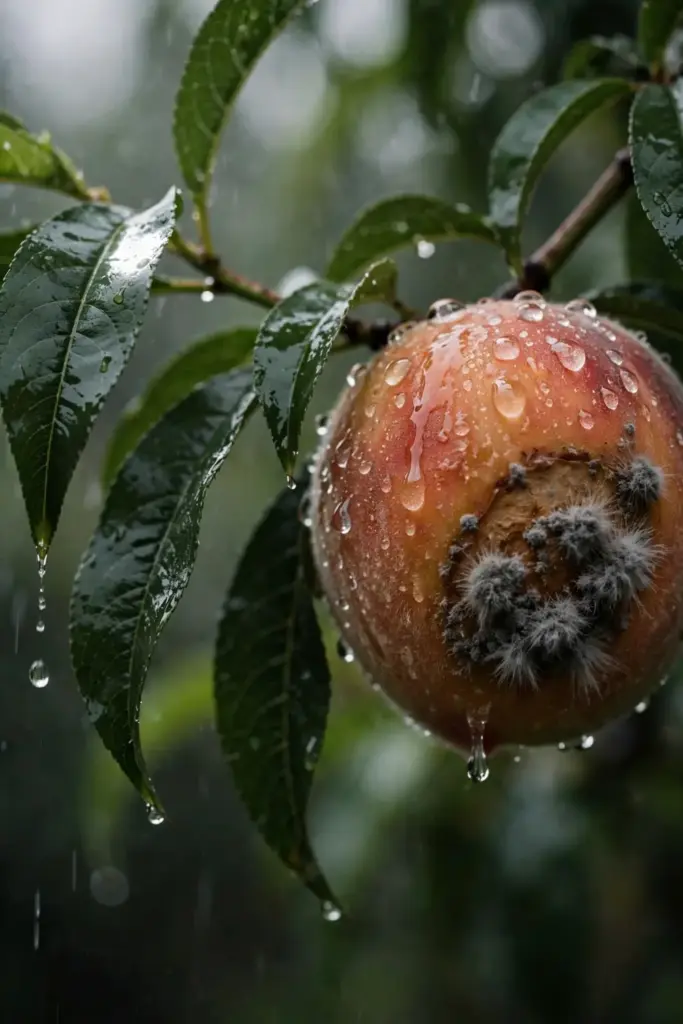 Rain-wet peach with water beads and fresh spore tufts on a brown rot spot.