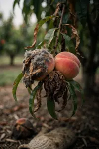 Peach branch with brown-rotted fruit and a clinging mummy, steadied by a worn garden mitt