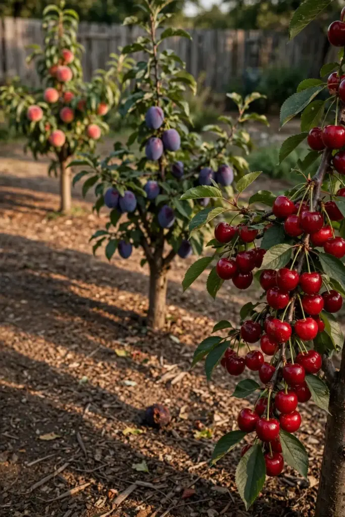 Home orchard row with cherry, plum, and peach trees carrying ripening fruit.