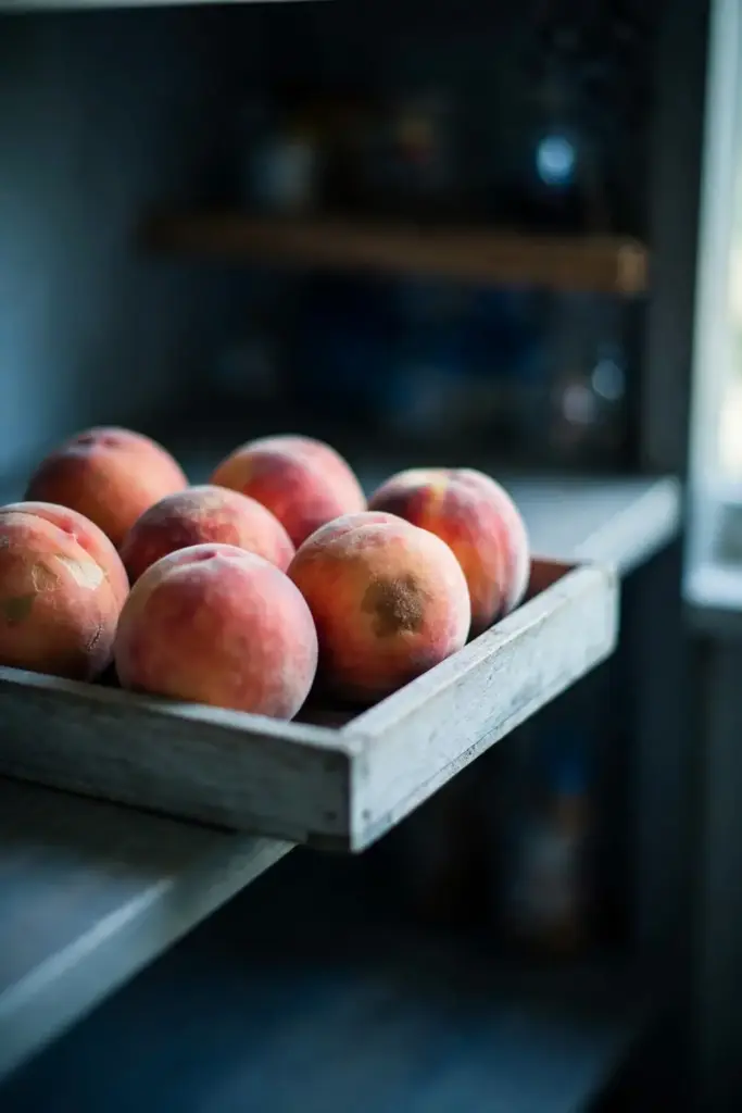 Stored peaches in a single layer with one spotted fruit among sound ones.