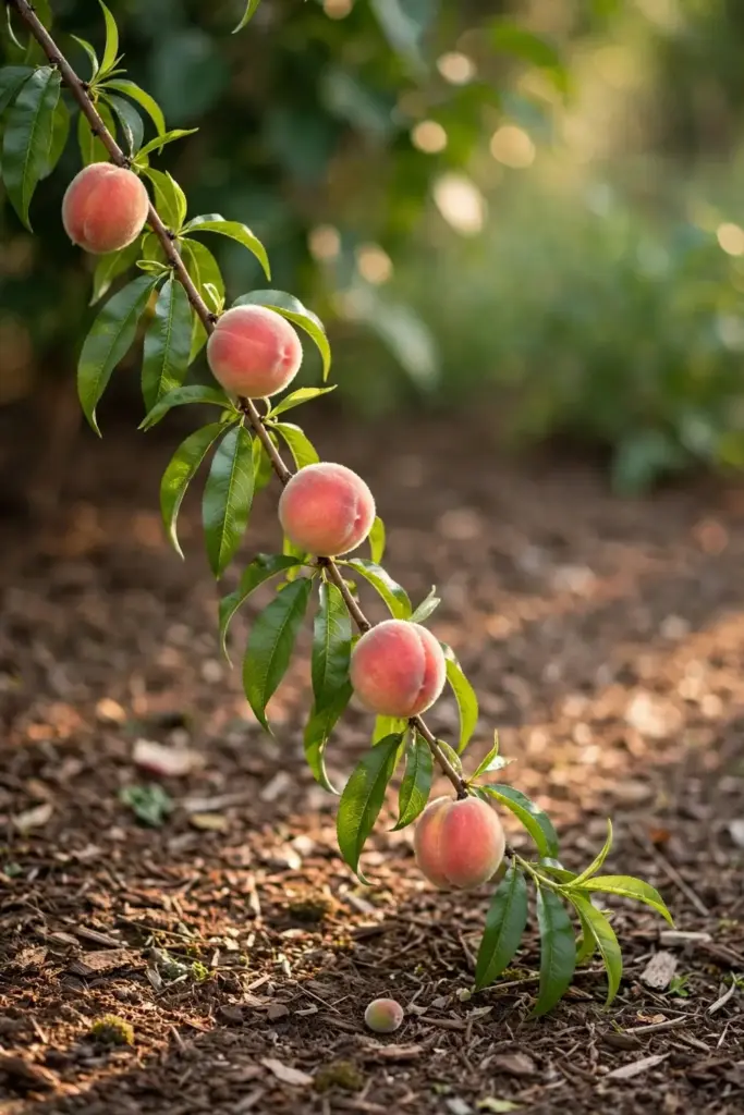 Thinned peach branch with spaced fruit and a finger width of air between them.