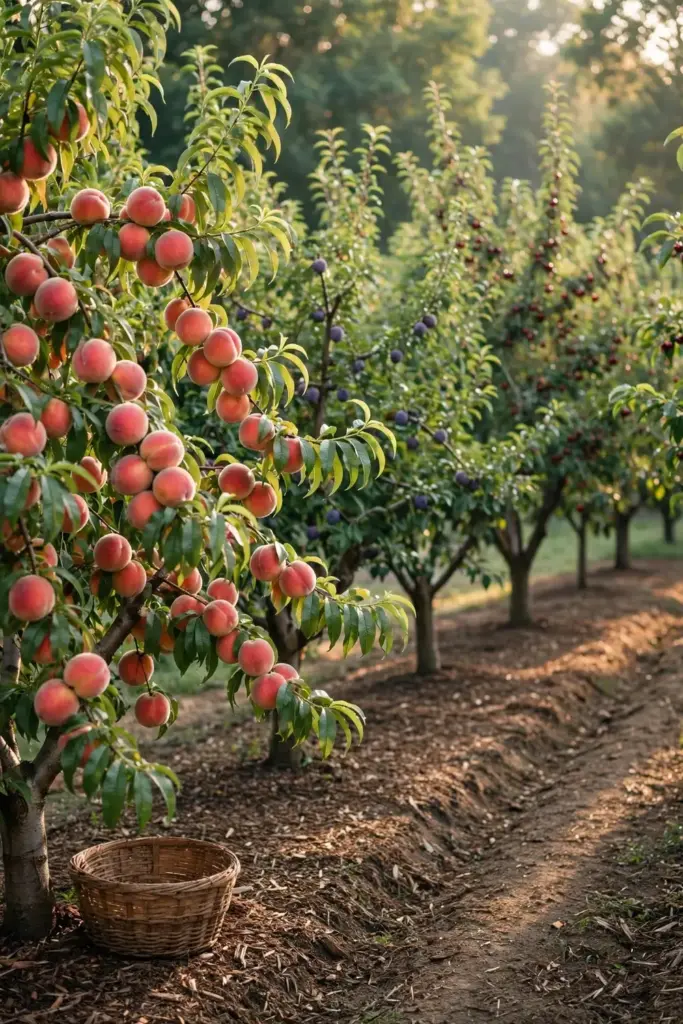 Thriving home orchard with a peach tree laden with sound fruit.