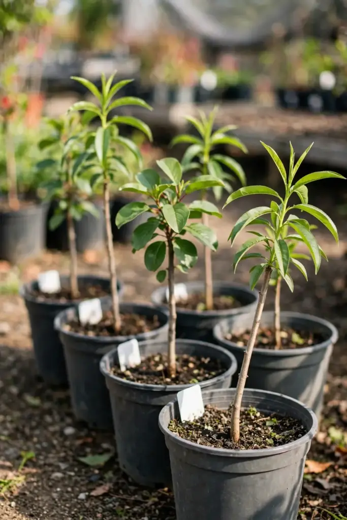 Young stone fruit trees in pots with blank plant tags at a nursery row.