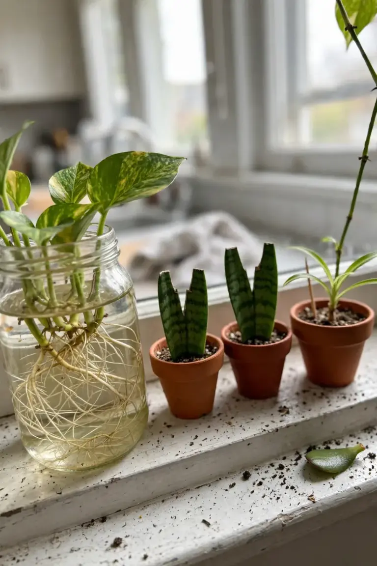 Windowsill propagation setup with snake plant sections, pothos cuttings, and a pinned spider plantlet
