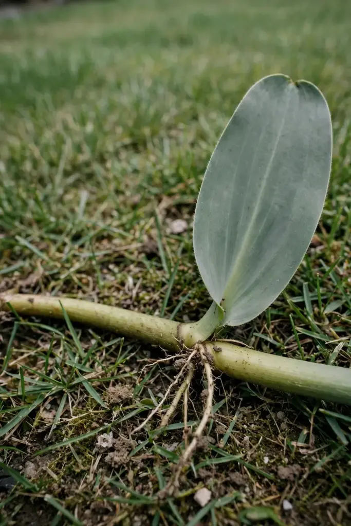 Broad flat buffalo grass leaf with a thick stolon runner rooting at a node
