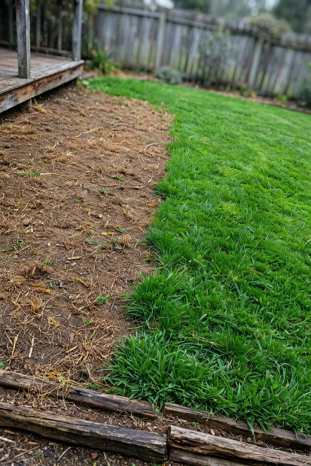 Buffalo lawn with an irregular brown patch beside dense green turf