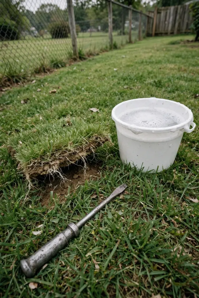 Screwdriver, bucket of soapy water, and lifted turf square on Buffalo grass
