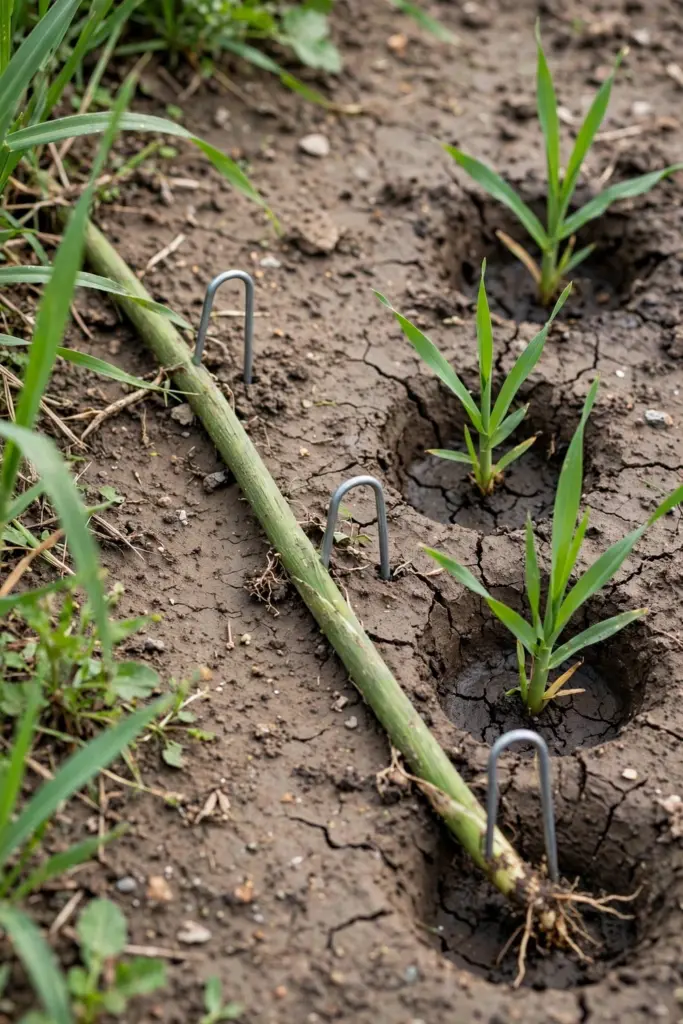 Buffalo plugs planted in a bare gap with runners pegged across the soil