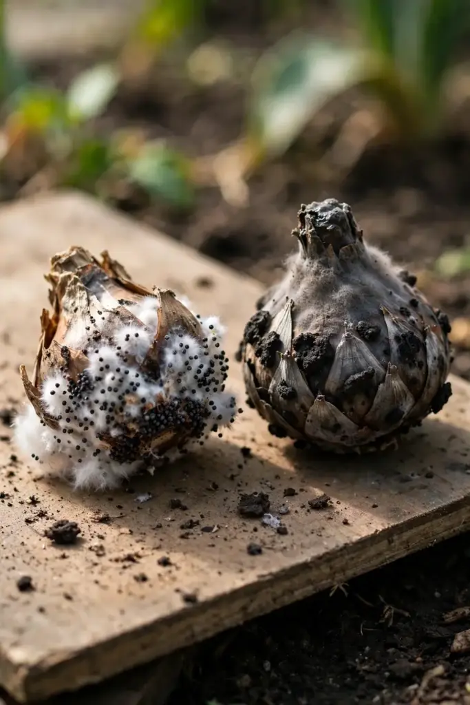 Two allium bulbs compared, one with white rot fuzz and one with gray neck rot.