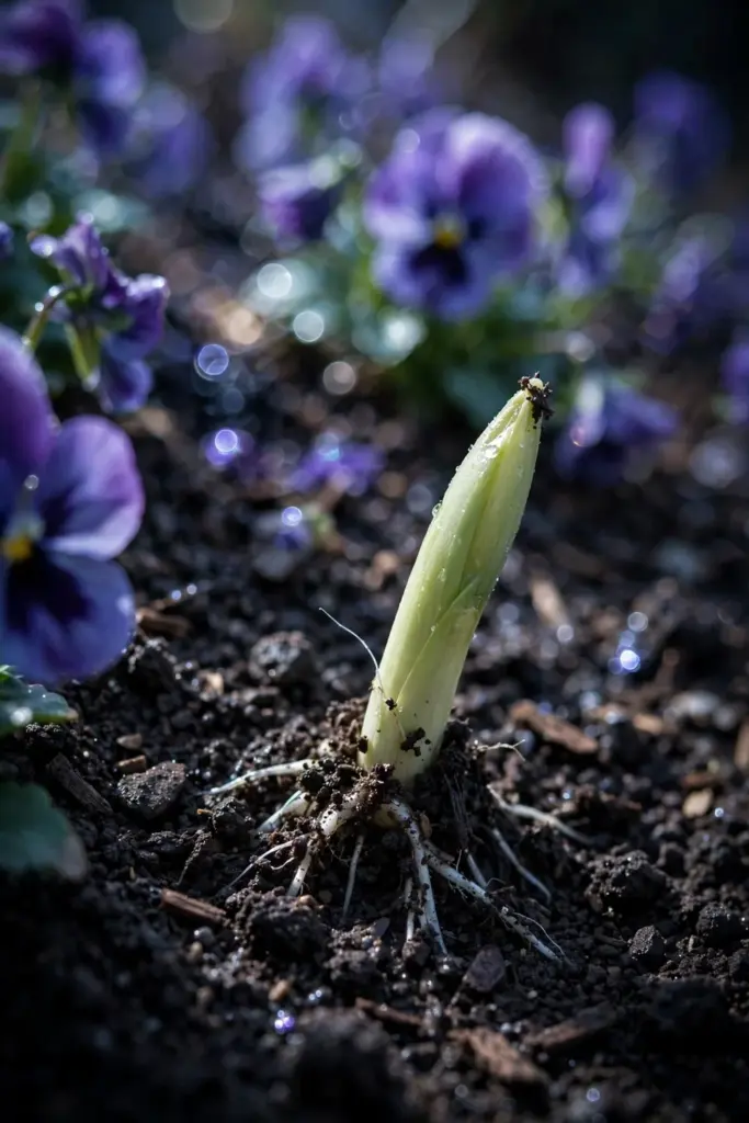 Daffodil bulb sprout rising from dark soil beside fall pansies