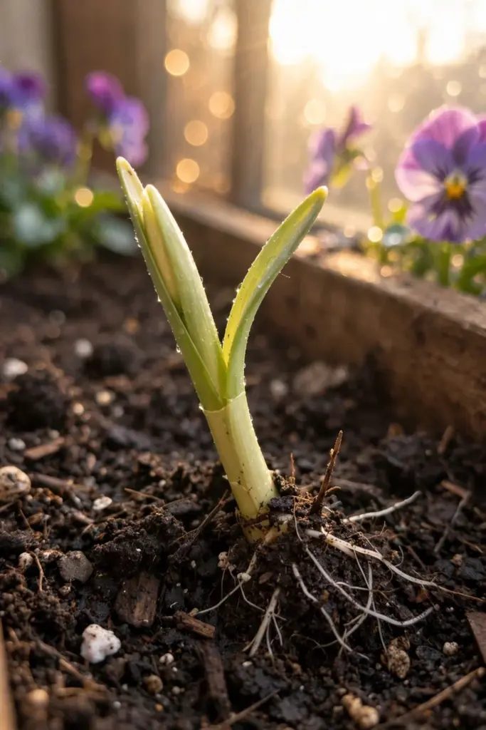 Daffodil bulb sprout rising from dark box soil beside pansies