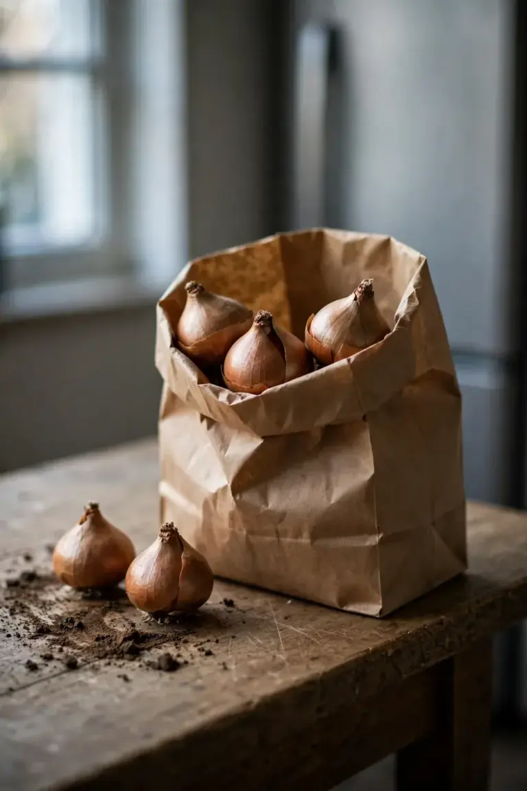 Tulip bulbs being placed into a brown paper bag on a kitchen bench