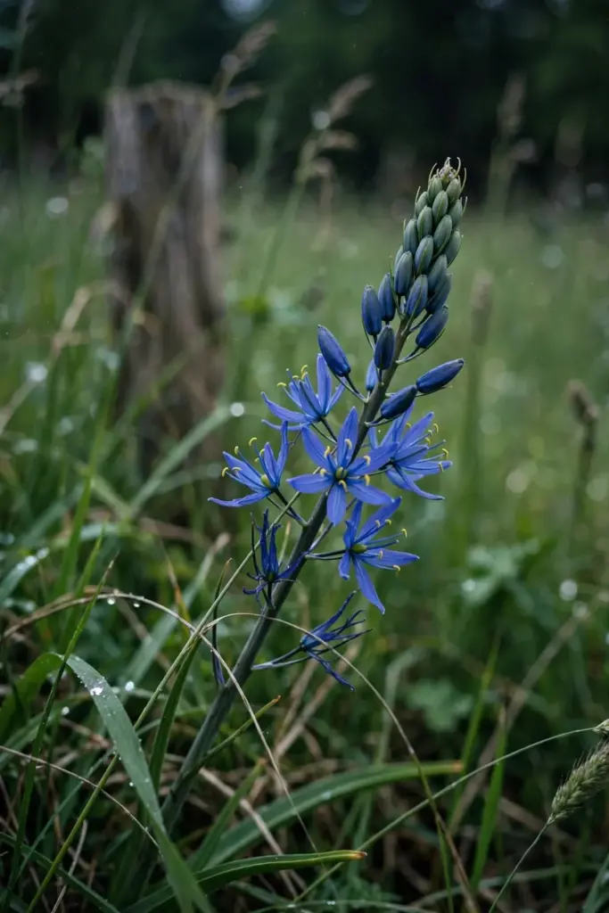 Camassia blue spire rising through a spring meadow patch