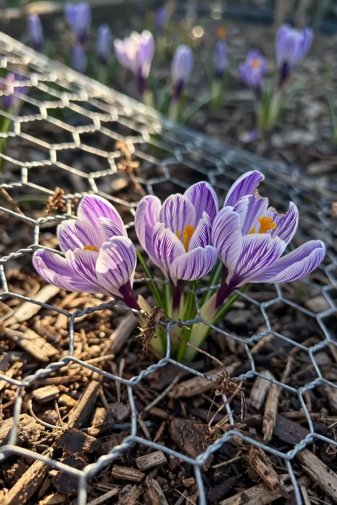 Crocus cups pushing through chicken wire laid over mulch against squirrels