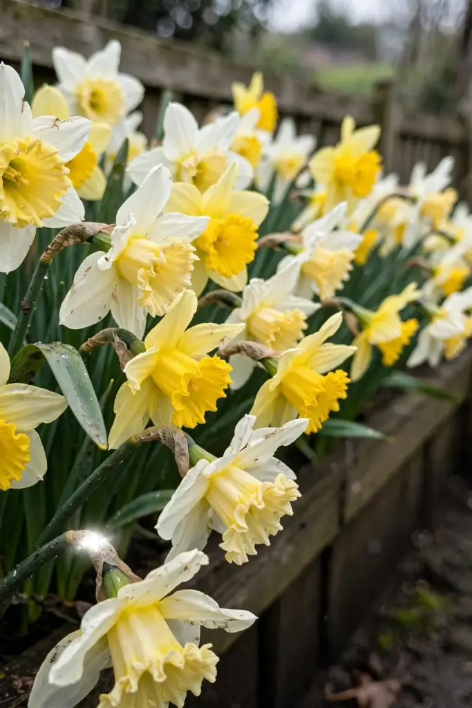 Daffodil drift running deep along a garden fence in full April bloom