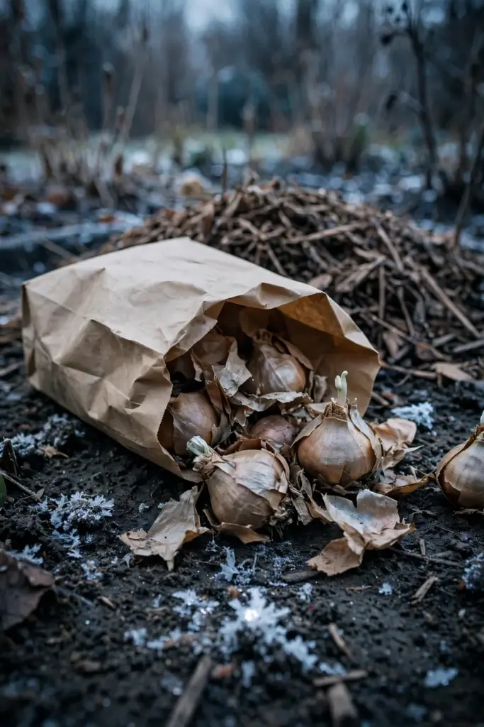 Paper bag of forgotten bulbs beside a trowel in cold December soil