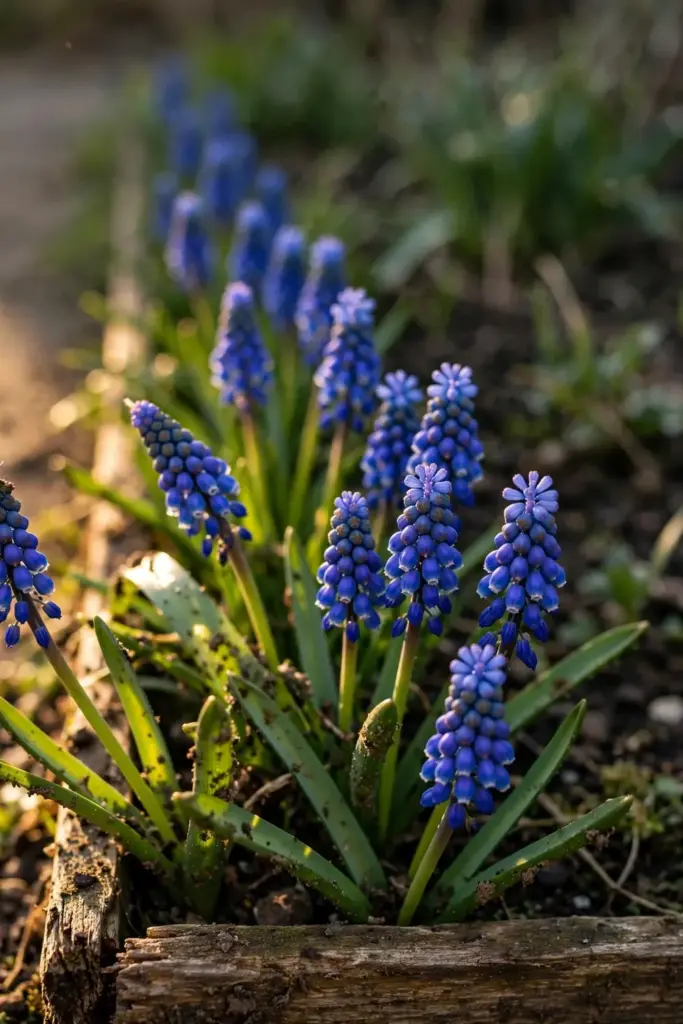 Grape hyacinth spikes edging a garden bed in tight blue rows