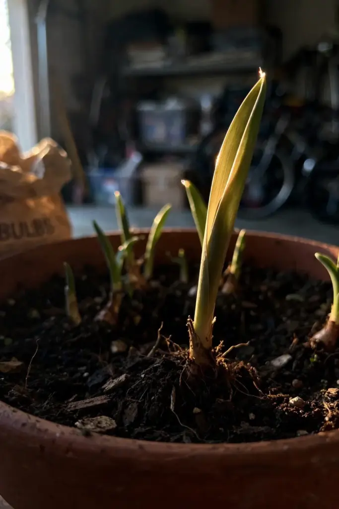 Deep terracotta pot layered with three waves of emerging bulb shoots