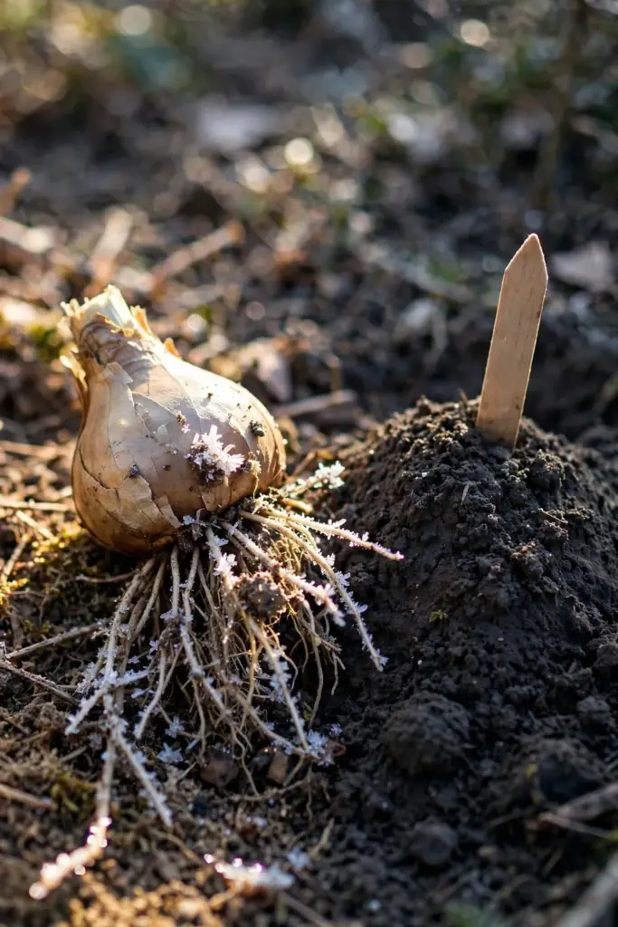 Shallow heaved daffodil bulb beside a properly deep planting