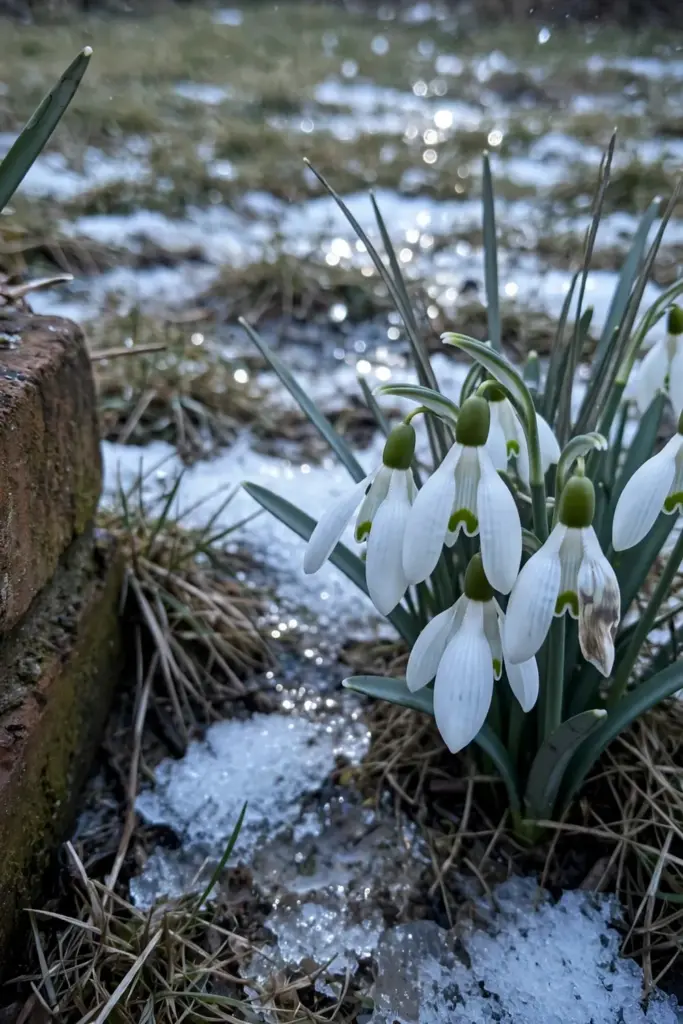 Snowdrop bells nodding over patchy grass with melting snow in late winter