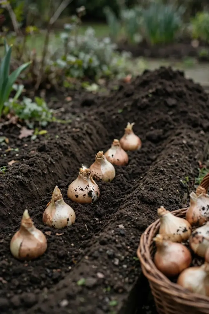 Soil thermometer probe in a prepared bulb bed beside a basket of bulbs