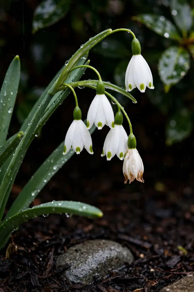 Summer snowflake white bells nodding over a damp rain-garden corner